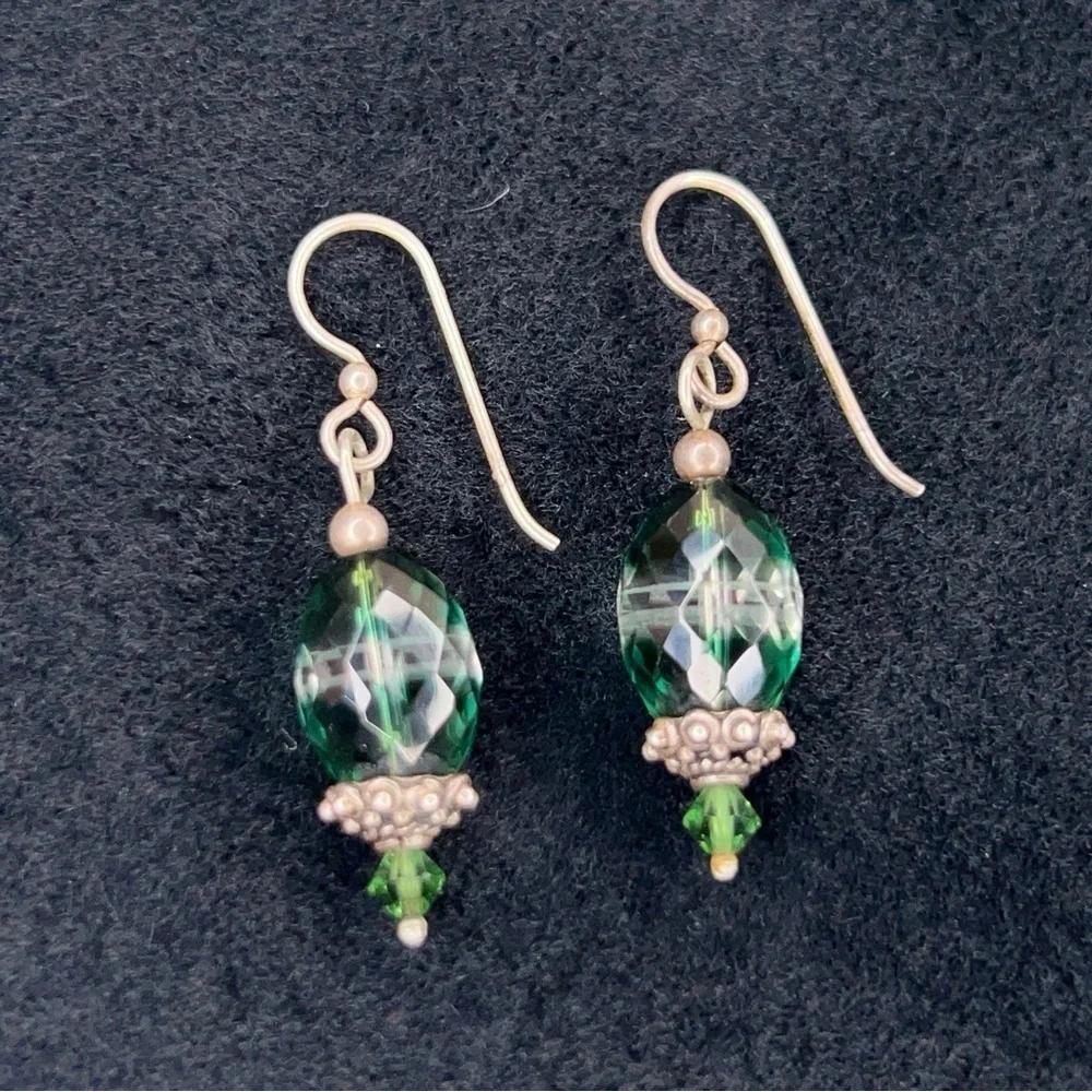 Green Crystal Silver Dangle Beaded Earrings Dangle Boho Glam